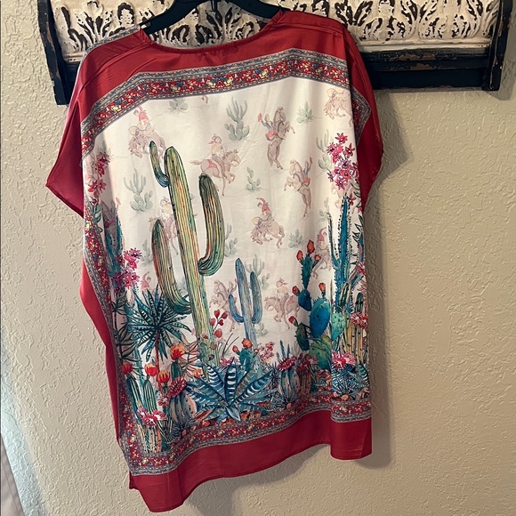 Vibrant Cactus Print Blouse with Red Accents - Picture 3 of 4
